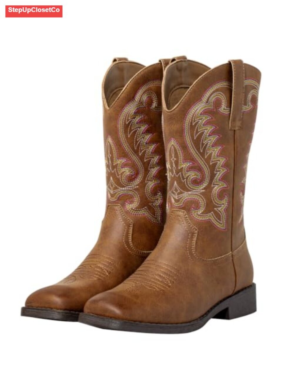 Western Square Toe Cowboy Boots Faux Leather Mid-Calf Embroidered